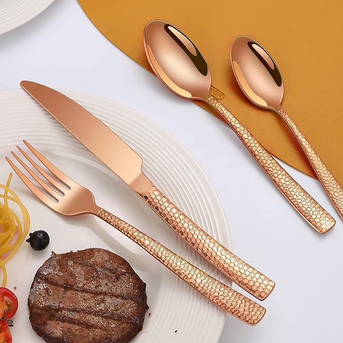 20-Piece Rose Gold Hammered Stainless Steel Flatware Set for 4, Including Fork, Knife, Spoon Set, Home Kitchen Cutlery Sets, Dishwasher Safe