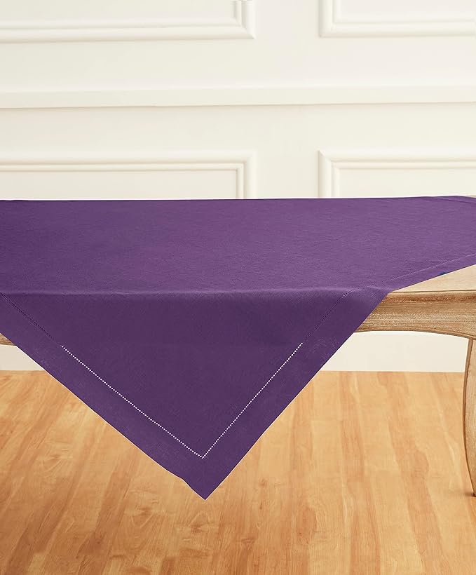 Solino Home Square Linen Tablecloth 52 x 52 Inch - 100% Pure Linen Purple Table Throw - Classic Hemstitch, Machine Washable Table Cloth for Summer, Fall, Autumn, Halloween