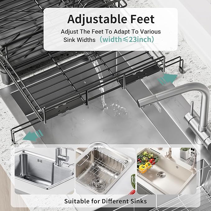 Large Dish Drying Rack - Expandable Dish drainers for Kitchen Counter,Over The Sink Dish Drainer Drying Rack,Rustproof Dish Drainer with Utensil Holder and Drainboard