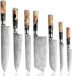 SENKEN 7-Piece Damascus Kitchen Knife Set - Tsunami Collection - 67-Layer Japanese VG10 Steel - Chef's Knife, Cleaver, Santoku, Bread, Boning, & More (Black Resin Blend)