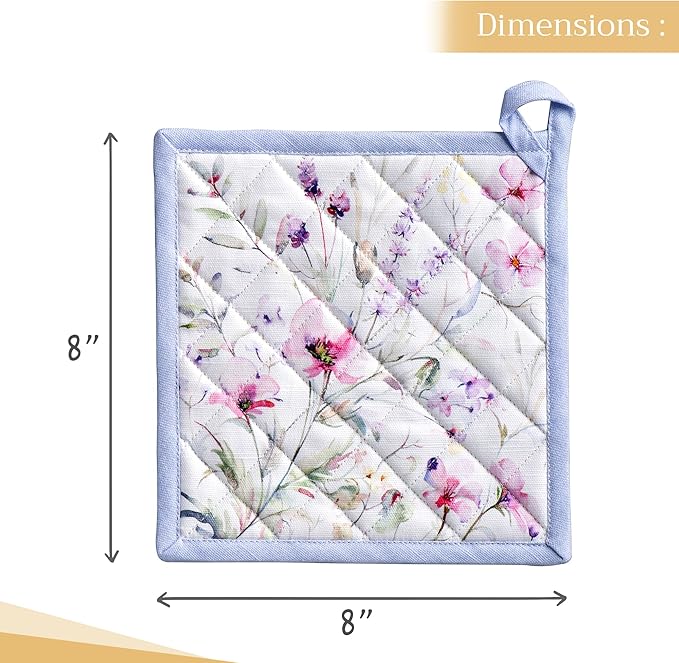 Maison d' Hermine Pot Holders 100% Cotton Heat Resistant Potholders 8" x 8" Hot Pads with Loop BBQ, Cooking, Baking, Grilling, Kitchen, Handling Hot Pans Spring/Summer (Pack of 1, Summer Floral)
