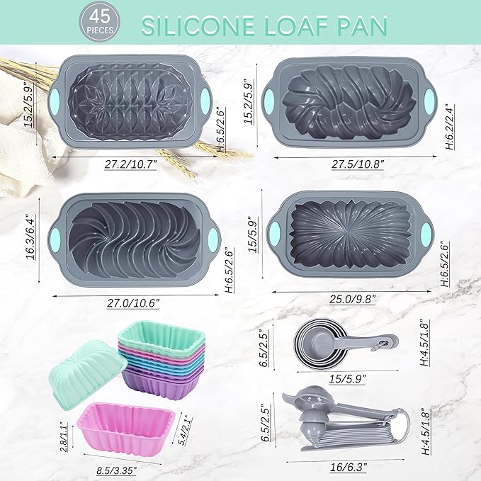 Tongjude 45 Pieces Silicone Loaf Pan for Baking Bread, 4 Cups Silicone Baking Pans Set, Fluted Cupcake, Non-Stick Kitchen Oven Baking Pans, with Measuring Cups and Spoons Set, Grey