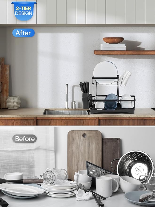 Dish Drying Rack, 2 Tier Dish Drainer with Removable Utensil Holder and Swivel, Durable High Carbon Steel Material, Larger Capacity, Easy Installation, Black