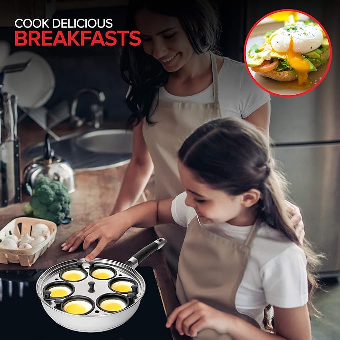 Modern Innovations Egg Poacher Pan - Nonstick Stainless Steel Maker With Handle, 6 Cups, and Silicone Spatula