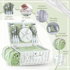 Picnic Basket Set for 4 with Waterproof Blanket Mat Insulation Bag Wicker White Green Plaid Fresh Cottagecore Gift for Wedding Birthday Summer Camp Outdoor Camping Christmas Thanksgiving