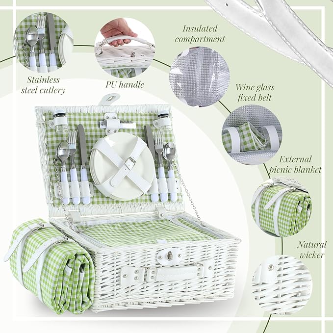 Picnic Basket Set for 4 with Waterproof Blanket Mat Insulation Bag Wicker White Green Plaid Fresh Cottagecore Gift for Wedding Birthday Summer Camp Outdoor Camping Christmas Thanksgiving
