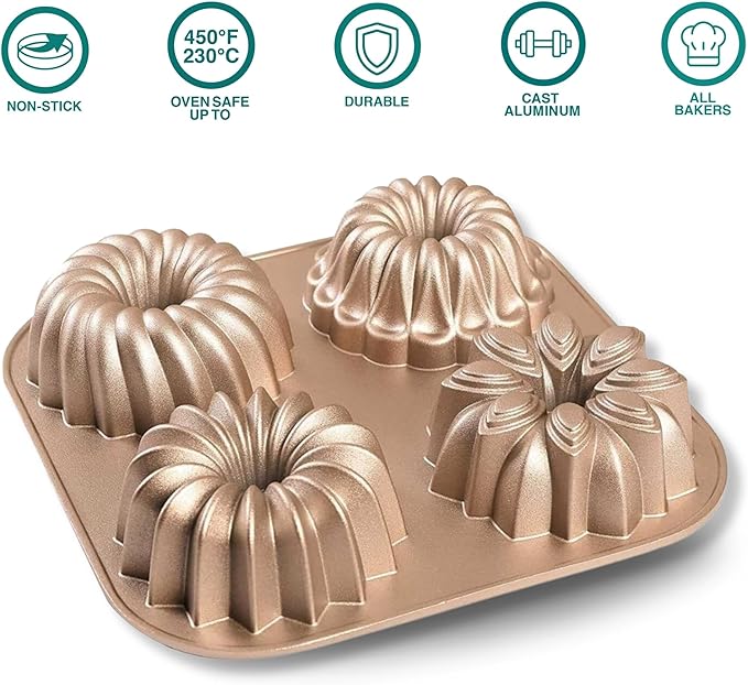 Baker's Secret Nonstick for Fluted Cake Pan, Heavy Duty Die Cast Aluminum Fluted Cake Baking Pans, 2 Layers Non-stick Coating For Easy Release - Cast Aluminum Collection (4mini joys)