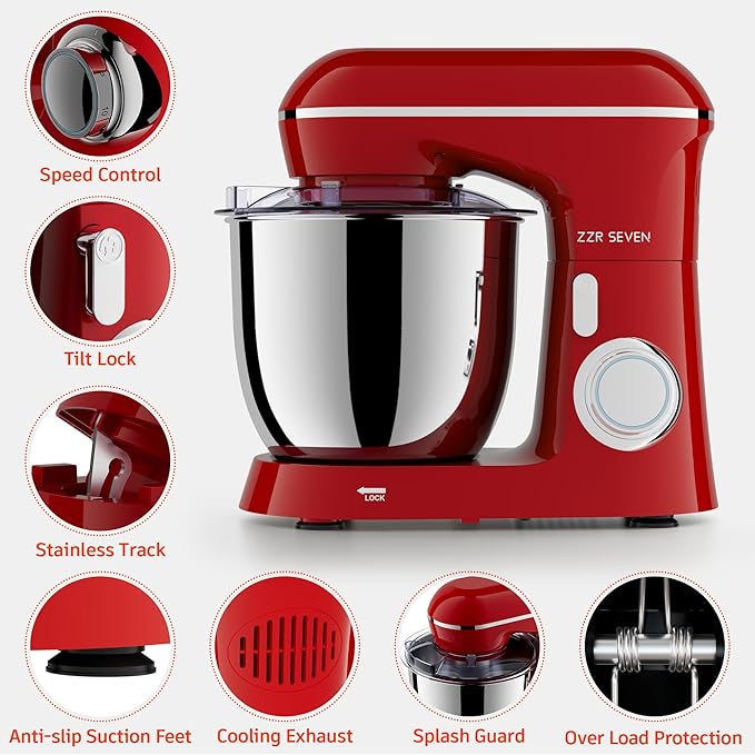 Stand Mixer, 5.5 Quart, 10 Speed Tilt-Head Food Mixer, Kitchen Electric Mixer with SS Bowl, Copper Motor, Beater, Dough Hook, SS Egg Whisk (450W Red)