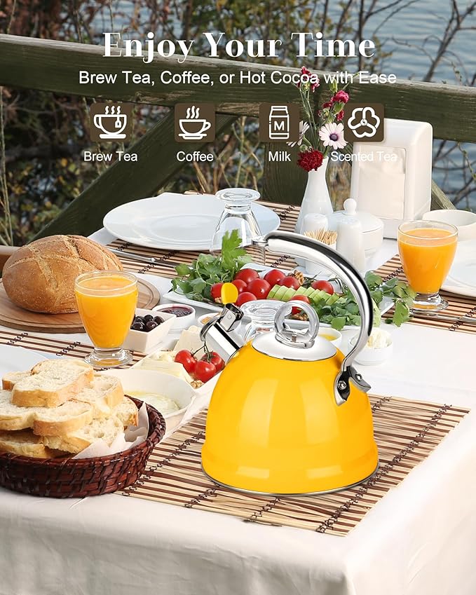 Harriet Tea Kettle Stovetop, 2.5 QT Whistling Stainless Steel Teapot, 3-Layer Base, Unique Ergonomic Handle, Includes Pot Holder & Mat, Electric/Induction/Gas Stovetops Applicable, Yellow
