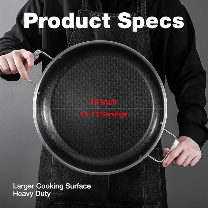 14 Inch Paella Pan with Lid, Ceramic Nonstick & Stainless Steel Induction Ready, 12-Serving Large Skillet, Oven Safe 550°F for Paella, Searing, Frying (Family Gathering & Outdoor Cooking)