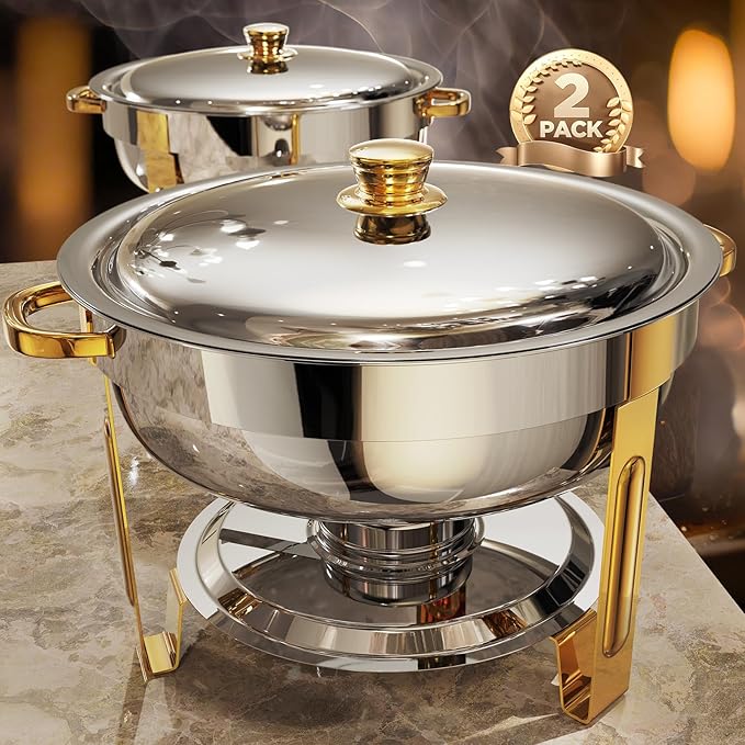 Chafing Dishes for Buffet 2 Pack, 6QT [Worry-Free Assemble] Round Chafing Dish Buffet Set [Elegant Gold and Silver Colors] Stainless Steel Chafers and Buffet Warmers Sets for Parties with Complete Set