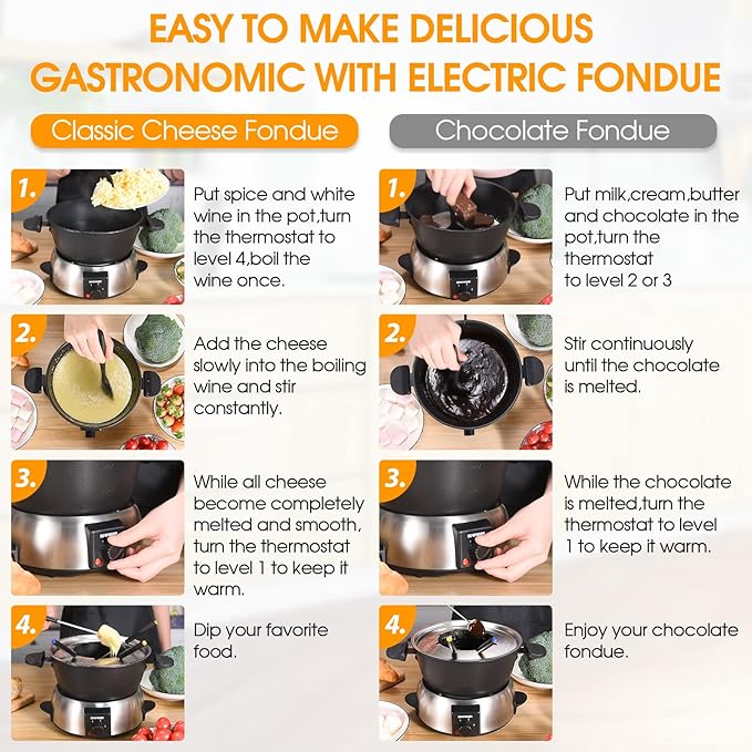 Electric Fondue Pot Set,2-Quart 1000-Watt Stainless Steel Fondue Maker with Temperature Control,8 Forks,Perfect for Chocolate, Cheese, Caramel