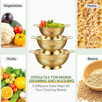 Bokon 3 Pcs Stainless Steel Colander Set Colander Bowl and Sieves 1/3/5 Quart Metal Mesh Strainer Net Basket with Handles Food Spaghetti Strainer for Kitchen Draining Pasta Rinsing(Gold)