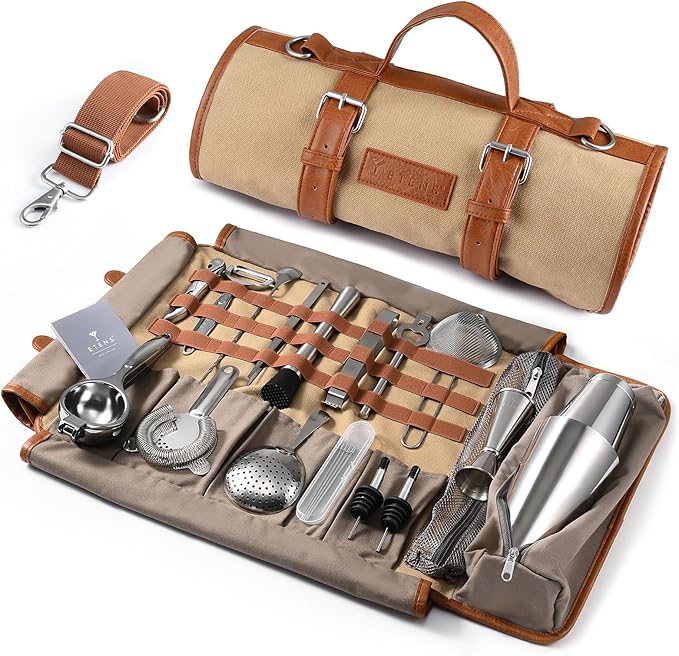 Bartender Travel Kit with Waxed Bag | 22 Piece Bar Set in Roll | Portable Cocktail Tools for Home & Travelling Bartending – Professional Boston Shakers, Unbreakable Melon Squeezer, Accessories