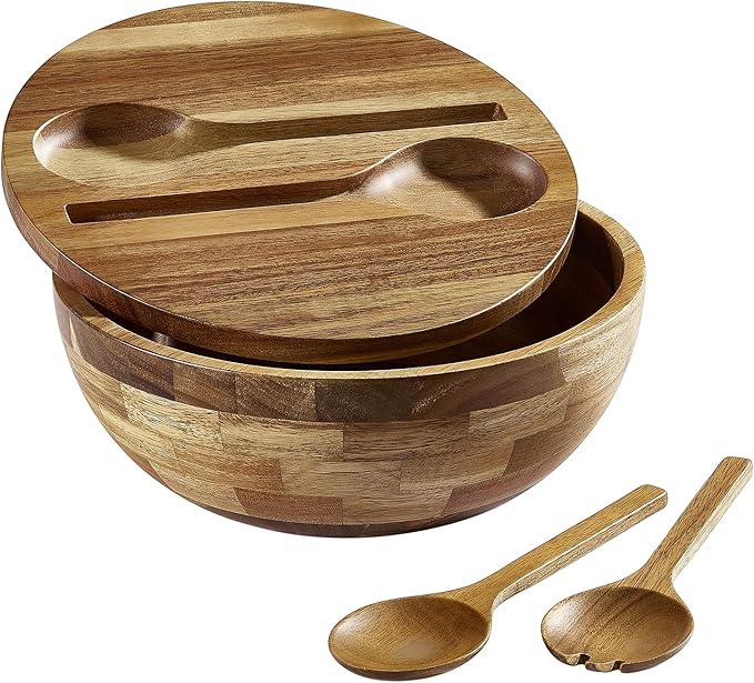 Acacia Wooden Salad Bowl with Lid, Built-in Acacia Wood Utensils, 10.5" Large Wood Serving Bowls for Fruits, Salad, and Vegetables, Big Wood Salad Bowls Set 4-Piece, All-in-One Design