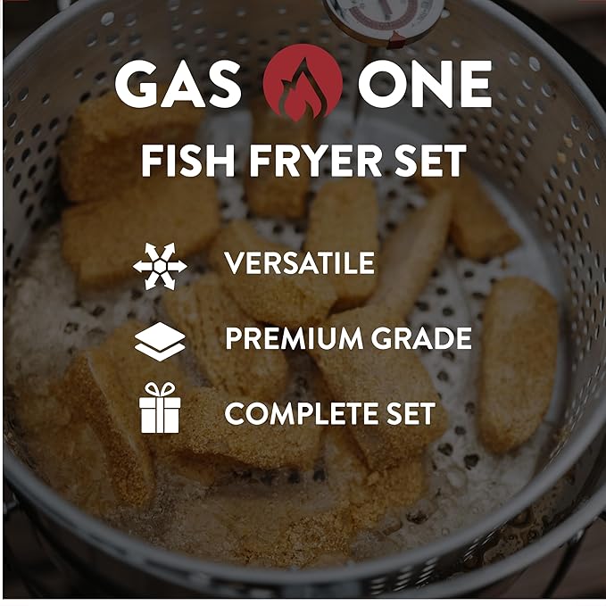Gas One Propane Deep Fryer with 10Qt Deep Fryer Pot – High Grade Strainer Basket Aluminum Pot for Fish Fry Chicken Wings, Seafood Pot – Propane Burners for Outdoor Cooking Include Thermometer