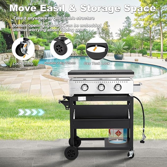 MELLCOM 3 Burner 30000 BTU Outdoor Gas Griddle with Lid (Side Shelf), Portable Flat Top Griddle 28 Inch Heavy- Duty Cast lron Grill, Bottle Rack & Grease Pan for Camping, Picnic, Patio