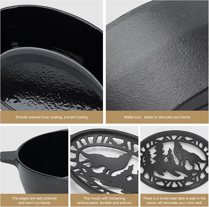 Wood Stove Steamer Humidifier 2.5 Quart with Decorative Wolf Pattern, Cast Iron Steamer for Wood Stove Rust Resistant Matte Black