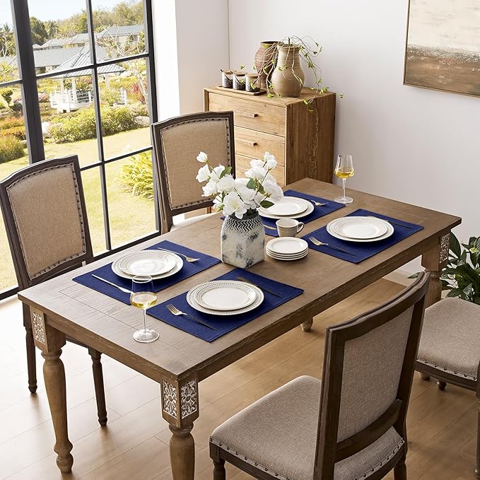 Romanstile Cloth Placemats Set of 8-12 x 18 Inch, Heat Resistant Double Layered Thickened Burlap Place Mats, Washable Faux Linen Farmhouse Table Mats for Kitchen/Dining/Party/Outdoor, Navy Blue