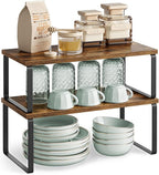 SONGMICS Cabinet Organizer Shelf, Set of 4 Kitchen Counter Shelves, Kitchen Storage, Spice Rack, Stackable, Expandable, Metal and Engineered Wood, Ink Black and Rustic Brown UKCS022X01