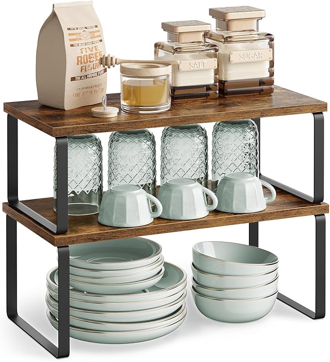 SONGMICS Cabinet Organizer Shelf, Set of 4 Kitchen Counter Shelves, Kitchen Storage, Spice Rack, Stackable, Expandable, Metal and Engineered Wood, Ink Black and Rustic Brown UKCS022X01