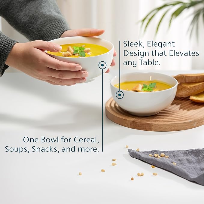 KooK Soup Bowls, Cereal Bowl, Ceramic, Bowls for Kitchen, Microwave, Dishwasher and Freezer Safe, Porcelain Dishes for Pasta, Salad, Oatmeal, Deep Interior, 20 oz, Set of 6, (White)