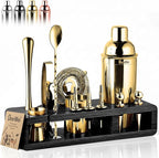 Barillio Gold Bartender Kit - Stainless-Steel Cocktail Shaker Set w/Black Bamboo Stand - Mixology Bar Tools w/Drink Shaker, Mixer, and Muddler for Cocktails - Home Bar Accessories - 23-Pc Bar Set
