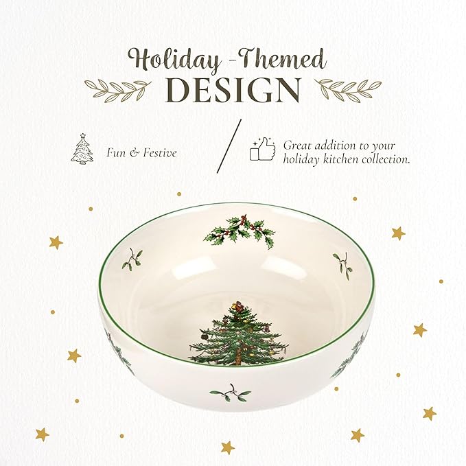Spode Christmas Tree Individual Fruit Bowl - 7 Inch Porcelain Oatmeal, Salad, Soup, Cereal, Breakfast, Dessert Bowl - Durable, Stackable, Microwave & Dishwasher Safe - Decorative Holiday Design