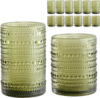 Vintage Glassware Drinking Glasses Set of 12,Green 12oz & 15oz Hobnail Glass Cups,Embossed Water Tumbler,for Beer,Cocktail,Whiskey,Juice and Various Mixed Drinks- 1 Cleaning Brush