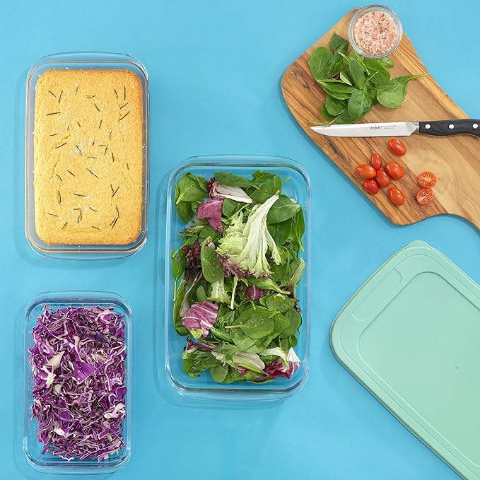 JoyJolt 8-Piece Borosilicate Glass Oven Dishes with Sage Green Lids, Rectangle Deep Glass Baking Dish Set, Baking Pans for Lasagna Casserole Cake, Bakeware Set, Freezer to Oven Tray to Dishwasher