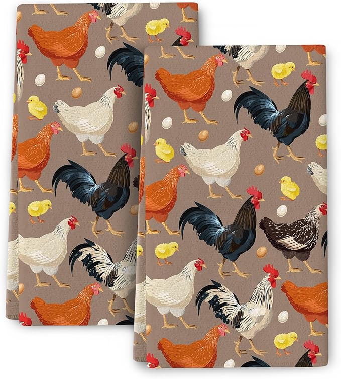 Rooster Chicken Dish Towels Set of 2, Absorbent Vintage Decorative Kitchen Towels dishcloths, Retro Kitchen Baking Bar Bathroom Decor Drying Cloth