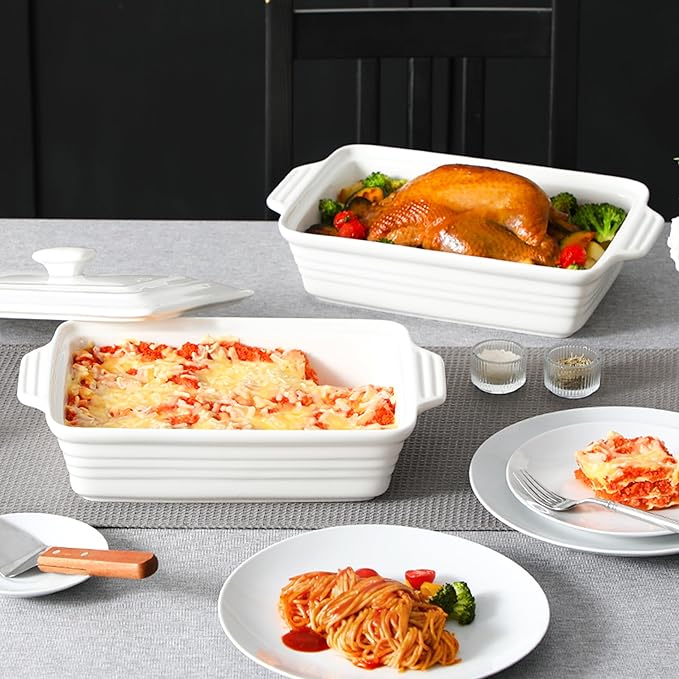 MALACASA 4.4 Quart Baking Dish With Lid, Porcelain Casserole dish with Lid, 13 x 9 Lasagna Pan Deep with Lid, Rectangular Bakeware With Handle, Microwave, Oven Safe, White, Series BAKE
