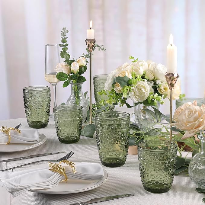4Pcs Green Drinking Glassware, 10OZ Drinking Glasses, Heavy Duty Glass Cups, Colored Embossed Glasses Set for Party Wedding Home Office Glassesware Gift