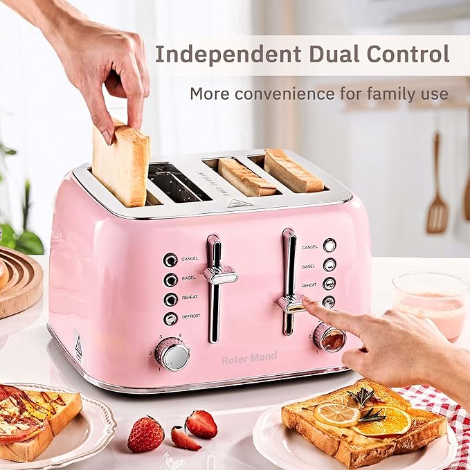 Roter Mond Toaster 4 Slice Retro Stainless Steel with Extra Wide Slots Bagel, Defrost, Reheat Function, Dual Independent Control Panel, Removable Crumb Tray, 6 Browning Levels, Pink