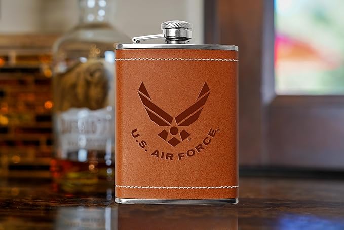 Leather Wrapped 8 oz Air Force Flask | Stainless Steel USAF Hip Flask – Tobacco Brown, US Air Force Gifts | Disabled USMC Vet Owned SMALL Business