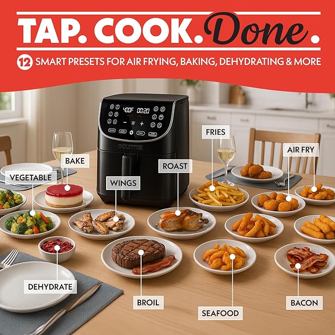 Gourmia Air Fryer Oven Digital Display 7 Quart Large AirFryer Cooker 12 Touch Cooking Presets, XL Air Fryer Basket 1700w Power Multifunction GAF716 Black and Stainless Steel Accents FRY FORCE 360°