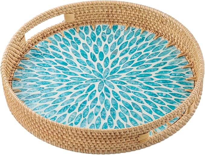 13.8 in Round Rattan Serving Tray with Handle, Mother of Pearl Inlay Wooden Base, Decorative Wicker for Table, Kitchen Island & Home Decor (Blue Leaf)