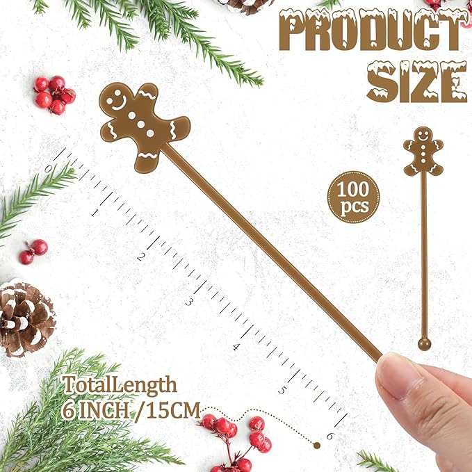 Chengu 100 Pcs Christmas Drink Stirrers Xmas Stir Sticks Bulk Holiday Coffee Stirrers Plastic Swizzle Stick Hot Cocoa Bar Supplies Chocolate Decoration Reusable Cocktail Mixer(Gingerbread Man)