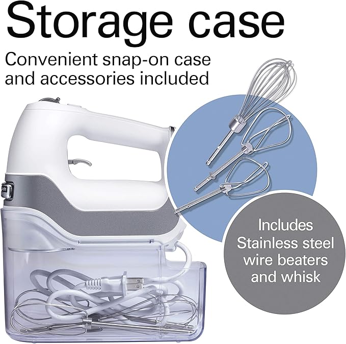 Hamilton Beach Professional 5-Speed Electric Hand Mixer with High-Performance DC Motor, Slow Start, Snap-On Storage Case, Stainless Steel Beaters & Whisk, White (62652)