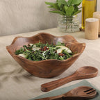 Gibson Home Sandhurst 3-Piece Acacia Wood Salad Bowl Set – 12-Inch Scalloped Serving Bowl with Wooden Salad Servers – Natural Rustic Finish for Dining, Entertaining, or Gifting