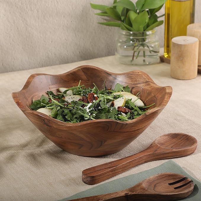 Gibson Home Sandhurst 3-Piece Acacia Wood Salad Bowl Set – 12-Inch Scalloped Serving Bowl with Wooden Salad Servers – Natural Rustic Finish for Dining, Entertaining, or Gifting