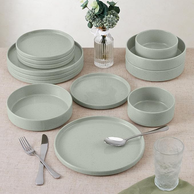 E-far Dinnerware Sets for 6, 18-Piece Stoneware Plates and Bowls Dish Set, Modern Kitchen Dinning Dishware, Chip and Scratch Resistant, Microwave & Dishwasher Safe, Speckled Green