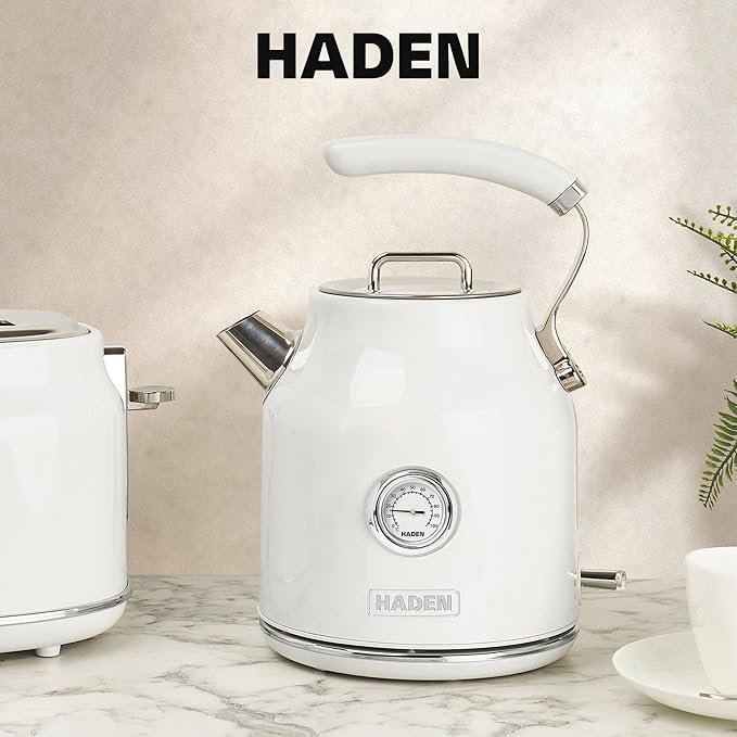 Haden Dorset 1.7 Liter Stainless Steel Electric Kettle, Hot Water Kettle with 360-Degree Base and Auto Shutoff, Ivory & Chrome
