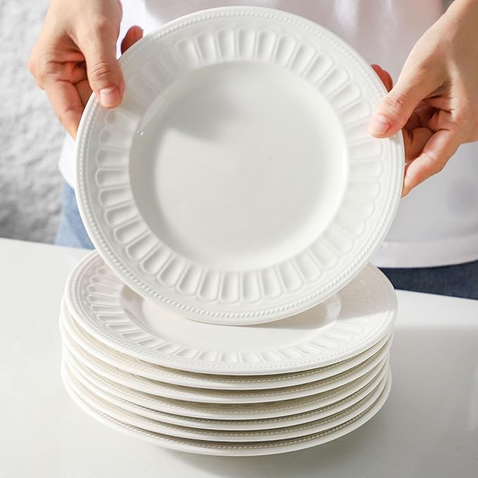 Neaylfe 8-Piece Ceramic Salad Plates Set, 8in Embossed Modern Small Dinner Plates for Kitchen, Ceramic Flat Plates for Salad, Dessert, Appetizer, Microwave, Oven, and Dishwasher Safe