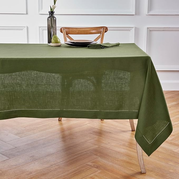 Solino Home Olive Linen Tablecloth 60 x 120 Inch - 100% Pure Linen Hemstitch Table Cloth for Rectangle Tables - Classic Hemstitch, Machine Washable Tablecloth for Fall, Autumn