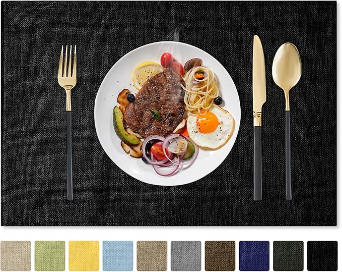 Romanstile Cloth Placemats Set of 4-12 x 18 Inch, Heat Resistant Double Layered Thickened Burlap Place Mats, Washable Faux Linen Farmhouse Table Mats for Kitchen/Dining/Party/Outdoor, Black