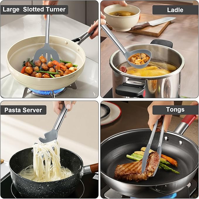 8 PCS Cooking Utensils Set, Vayvnt Silicone Kitchen Spatula Set for Cooking, Non Toxic Silicone Kitchen Utensils with Stainless Steel Long Handle, Spoon and Tong, Heat Resistant&Dishwasher Safe, Gray
