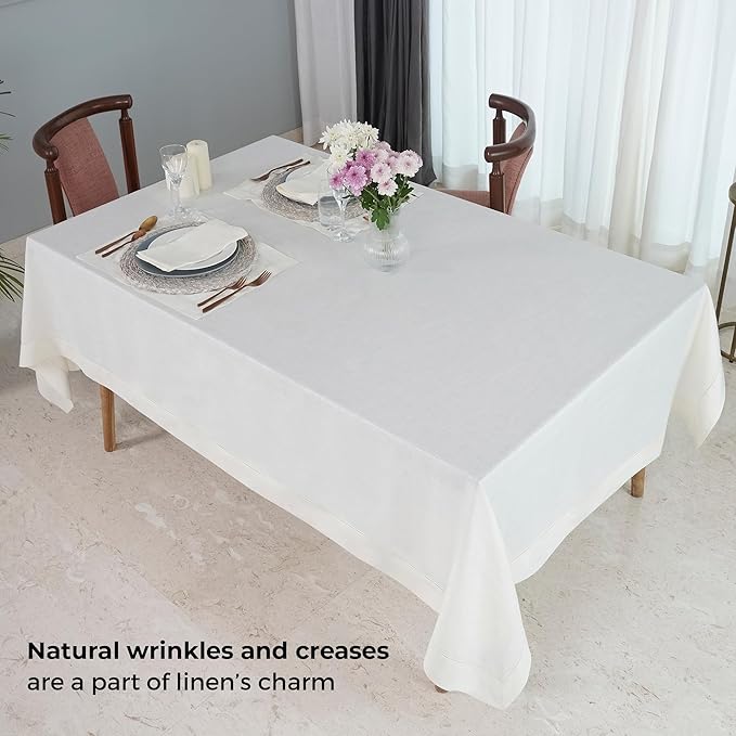 D'Moksha Homes Ivory Linen Tablecloth for Rectangle Tables 60 x 132 Inch - 100% Pure Linen Ivory Table Cloth - Classic Hemstitch, Machine Washable Dining Tablecloth for Summer, Fall and Halloween