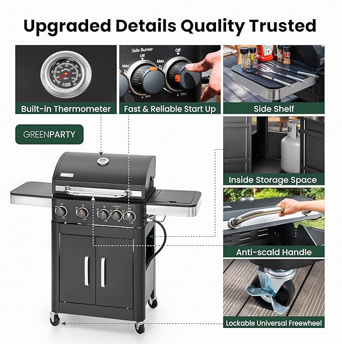 2 in 1 Propane Gas BBQ Grill with Side Burner & Porcelain-Enameled Cast Iron Grate, 4-Burner Flat Top Griddle, 46,700 BTU Outdoor Barbecue Propane Griddle Grill Combo for Camping, Patio, Backyard