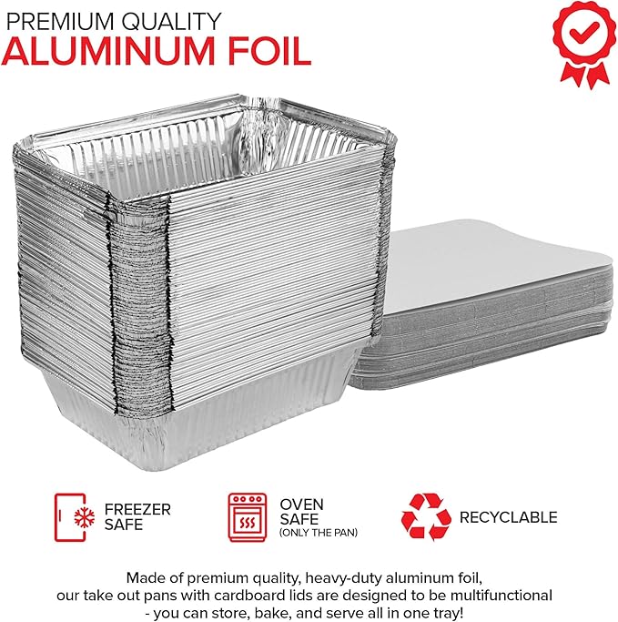 Stock Your Home 2 Lb Aluminum Pans with Lids (25 Pack) - Disposable & Recyclable Takeout Trays with Lids - To Go Containers for Restaurants, Catering, Delis
